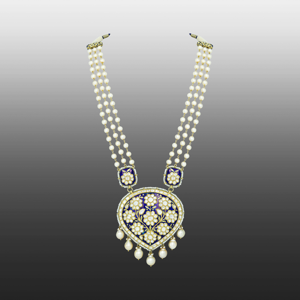Pearl Strand Necklace with Blue Meena Polki Floral Pendant
